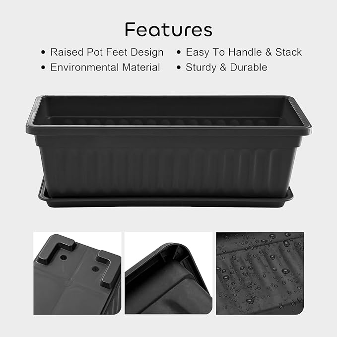 GROWNEER 3 Packs 17 Inches Black Flower Window Box Plastic Vegetable Planters Long Pots with 15 Pcs Plant Labels for Outdoor Indoor Windowsill Patio Garden Home Decor Porch