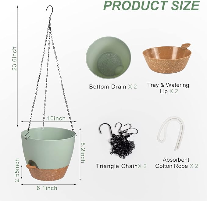 Hanging Planters for Indoor Outdoor Plants, 2 Pack Self Watering Hanging Pot with Drainage Holes & Removable Tray (Green, 10'')