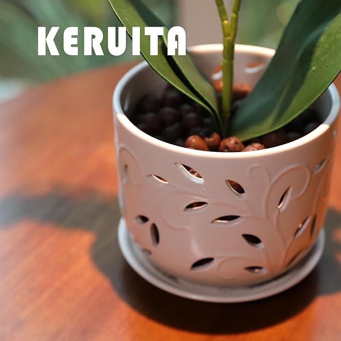 KERUITA Orchid Pots with Holes,6 inch + 5 inch Ceramic Planters Set of 2 with 2 Bottom Tray, Enhanced Drainage and Ventilation,White Flower Pots for Indoor/Outdoor Plants for Repotting