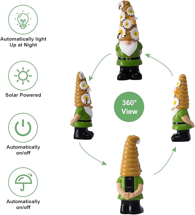 Solar Gnome Garden Statue for Decor: Outdoor Figurines Sculpture with Lights and Bee for Lawn Patio Yard Balcony - Gifts for Mom Women