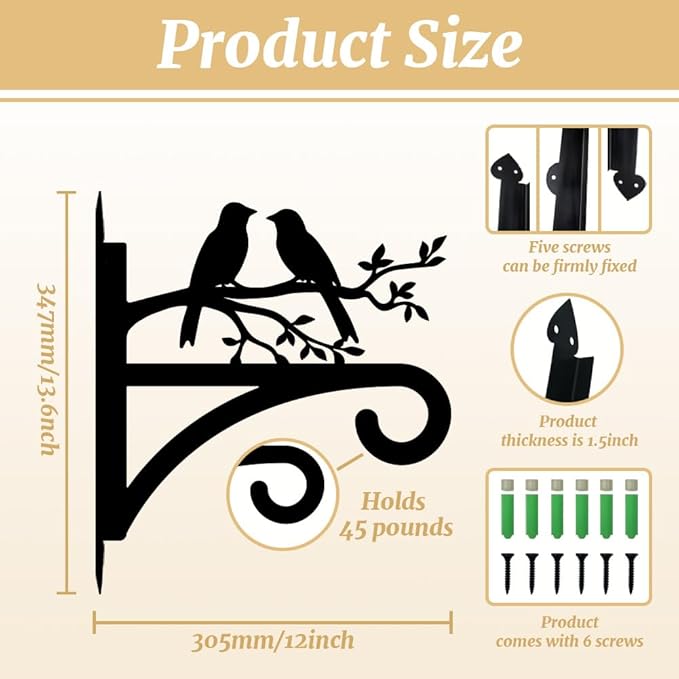 peacoblue Iron Plant Hangers Hooks for Outdoor Indoor Hanging Plants Flower Fern Pots Lantern Bird Feeder,12"x13.6" Weather Resistant Metal Wall Holder for Porch Garden Farmhouse(Branches and Birds)