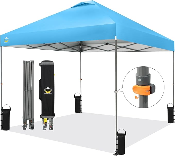 CROWN SHADES Adjustable Height on The Fly, 10x10 Pop Up Canopy - Beach Tent with One Push Setup - Easy Outdoor Sun Shade for Events, Parties, Camping - Outside Shade with STO-N-Go Bag, Sky Blue