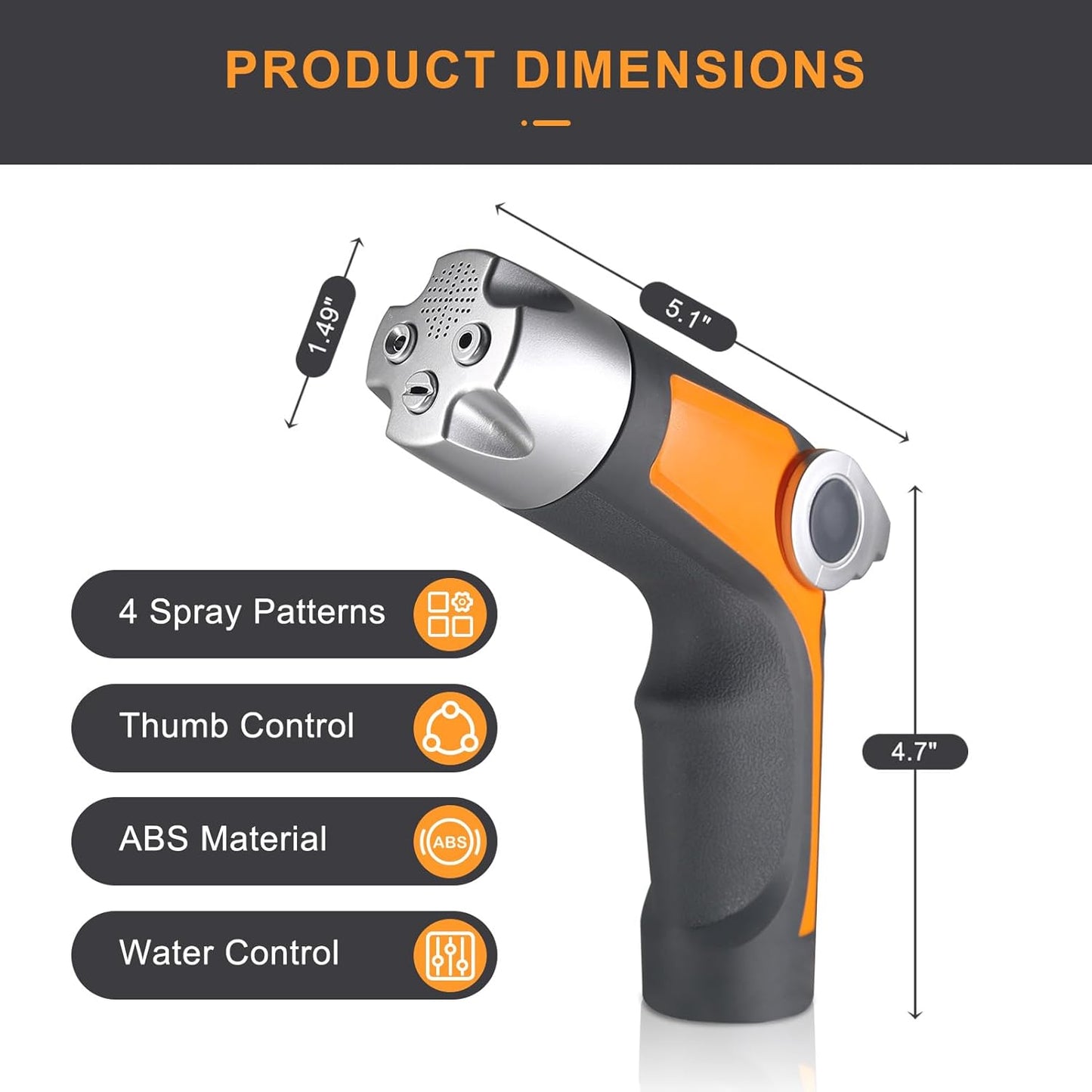 Heavy Duty Garden Hose Nozzle Sprayer - 4 Spray Patterns, High Pressure, Thumb Control Flow Valve w/On-Off, Washers for Watering, Car & Pet Washing