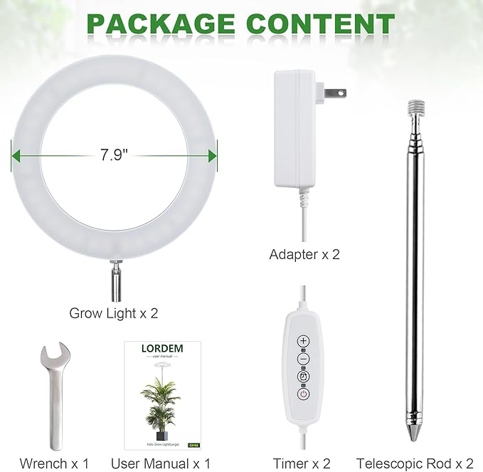 LORDEM Grow Light for Indoor Plants, 7.9" Full Spectrum LED Plant Grow Light, Height Adjustable Growing Lamp with Auto Timer 4H/8H/12H, 6 Dimmable Levels, Ideal for Indoor Large Tall Plants, 2 Packs