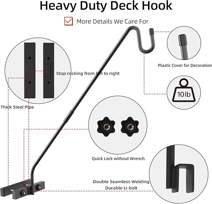 Deck Hook Railing Mount-Deck Railing Plant Hanger Outdoor，Metal Bird Feeder Hanger for Deck Railing,Fence Shepherds Hooks Pole Bracket for Hanging Hummingbird Feeder,Planter,Flower Baskets