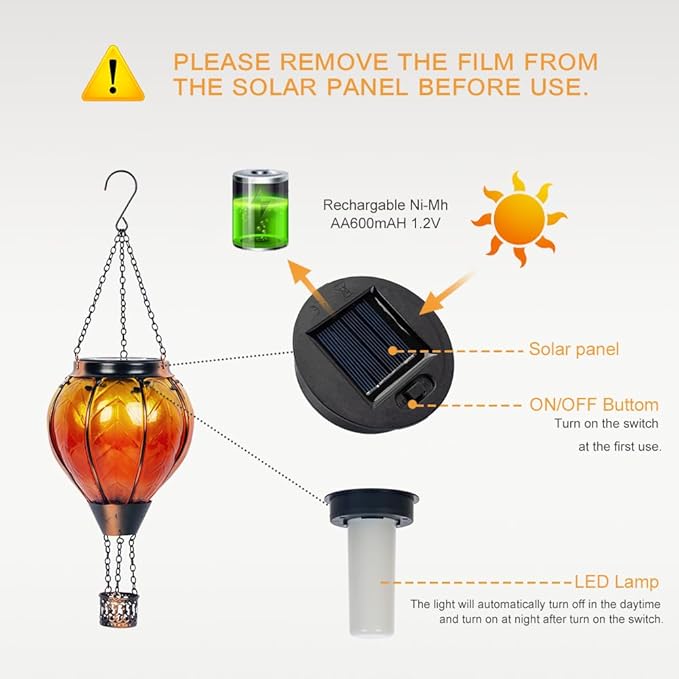 Starsoul Orange Solar Hot Air Balloon Lantern Glass Hot Air Balloon Solar Lantern with Flickering Flame Light Outdoor Solar Hanging Lights Waterproof for Garden Yard Patio