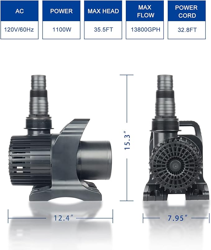 Outdoor Extra Large 13800gph-1100W 32.8FT Pond Water-fall & Kio Fish Fountain-s& Garden Pump Submersible IPX8:Long 32.8FT Cord Smart-er&Quieter Duck&Yard&Patio Ponds Pumps,1 Barrier Pump Bag