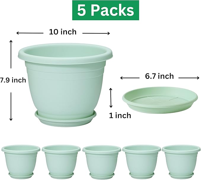 5 Packs 10 inch Plant Pots + Saucer, Planters for Indoor & Outdoor Plants with Drainage Holes | Plastic Flower Pots, Large Planter (Light Green, 10 inch)