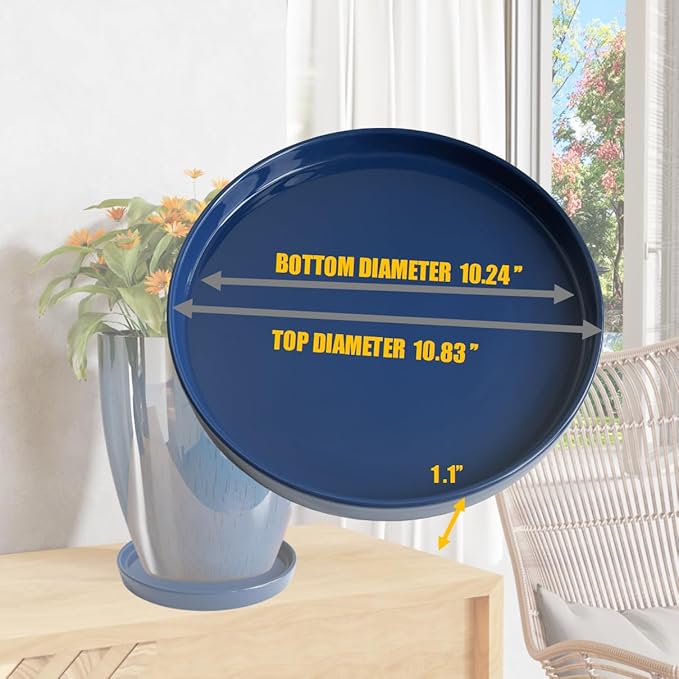 Ceramic Plant Saucer Pot Tray 10 Inch, Planter Saucers 4 5 6 7 8 9 10 11 12 13 Inch for Indoors Outdoor, Durable Sturdy Flower Drainage drip Water Tray for Glazed Pots Base (10.7 Inch-Blue)