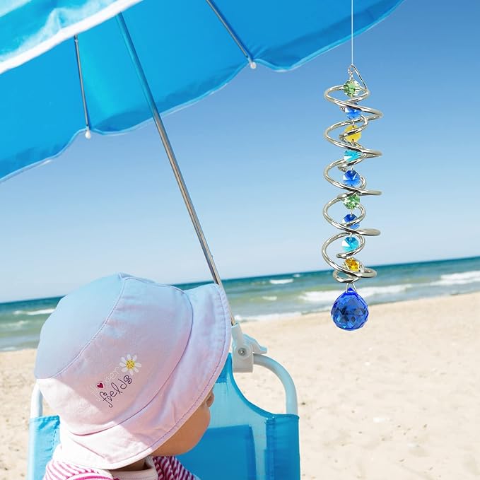 FONMY Gazing Ball Spiral Tail -Decorative Wind Spinner Sun Catcher Rainbow Maker Double-Spiral W/Sea Blue Crystal Ball and Chain Crystals for Indoor Outdoor Garden Decoration -14 inch Height