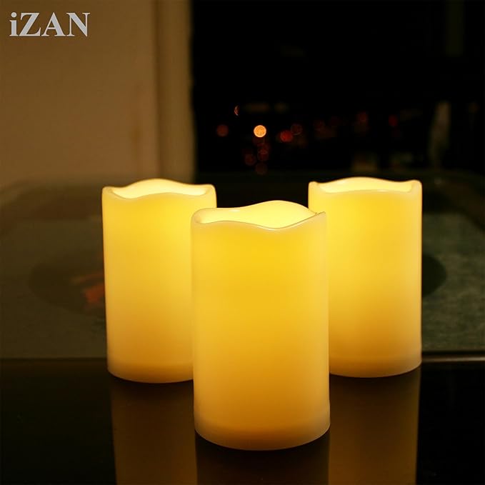 iZAN Set of 6 Outdoor Flameless Battery Operated LED Pillar Candles with Remote Timer Waterproof Flickering Electric Decorative Lights for Christmas Home Wedding Party Festival Decorations 3" x5”