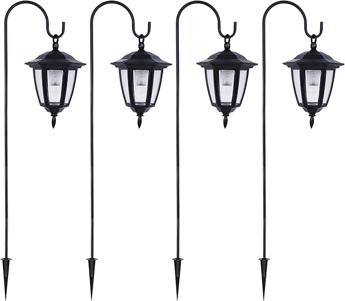 Dynaming 4 Pack Solar Hanging Lights Outdoor, Solar Powered Garden Decorative Lanterns with 4 x 38 Inch Shepherd Hooks, Waterproof Landscape Lighting for Lawn Patio Yard Pathway Driveway, Warm White