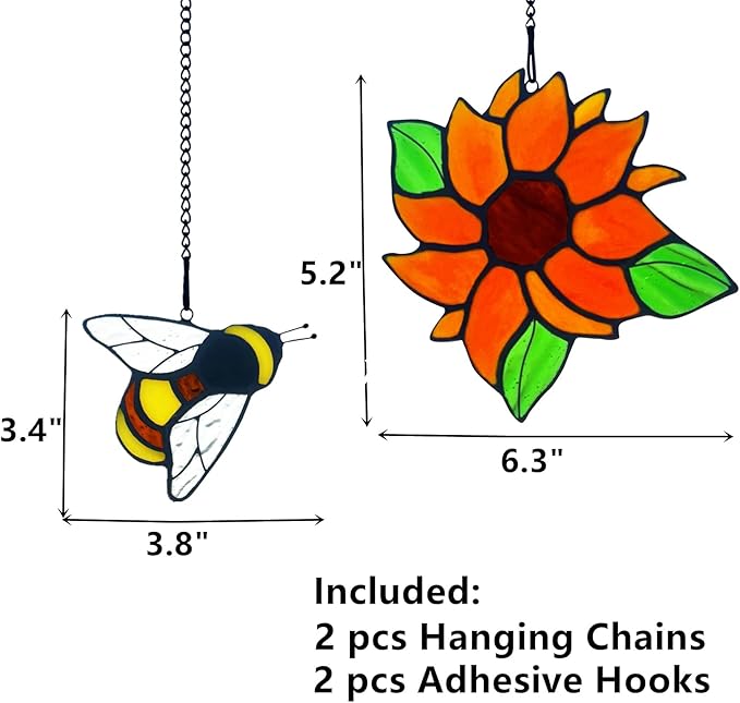 2 Packs Sunflower Gifts for Mom Grandma, Honey Bee Sunflower Stained Glass Window Hanging, Sun Flower Suncatcher for Window, Bee Themed Gifts for bee Lovers