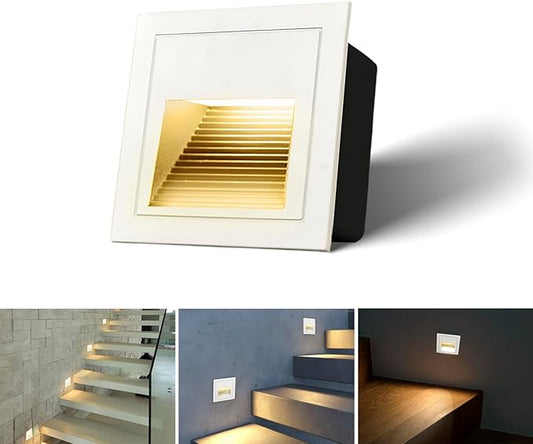 1pcs/3W Wall Recessed Stair Lights LED,Warm White,Indoor Step Light,Square Recessed Wall Light,White Cover Staircase Light IP20 for Indoor Stairs, Home, Kitchen, Attic, Aisle