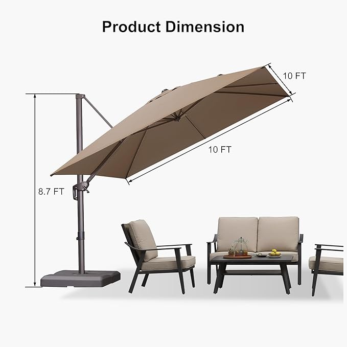PURPLE LEAF 10 Feet Patio Cantilever Umbrella Square Outdoor Umbrella with 360° Rotation and Aluminum Offset Hanging for Garden Backyard Pool, Taupe