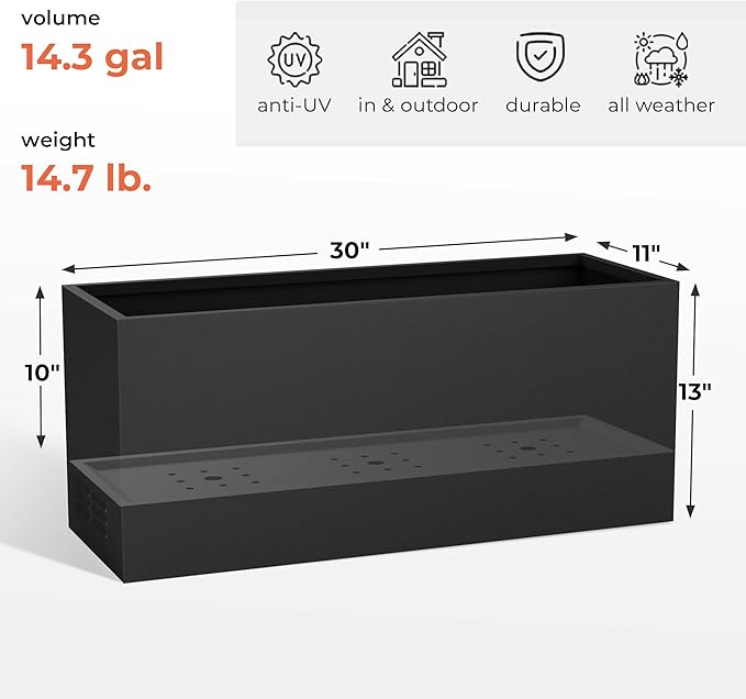 Worth Garden Metal Planter Box - 30" L x 11" W x 13" H Matte Black Heavy Duty Large Rectangular Steel Modern Plant Pot, Indoor Outdoor - Insert Plate with Drain Holes, Air Vents, No Assembly Required