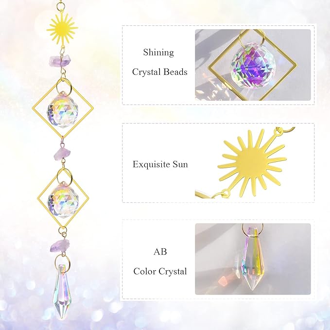 Crystal Suncatcher Rainbow Maker Hanging Prism Ornament Pendant Home Garden Car Decoration 4 Pack Gift Kit Sun Catchers Indoor Window, 13.8 Inch