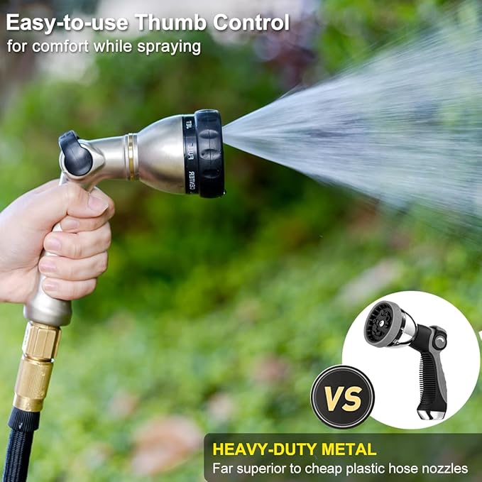 FANHAO Professional Garden Hose Nozzle Heavy Duty, 100% Metal Thumb Control Water Hose Sprayer with 8 Spray Patterns, High Pressure Water Nozzle for Watering Plant & Lawn, Washing Car & Pet