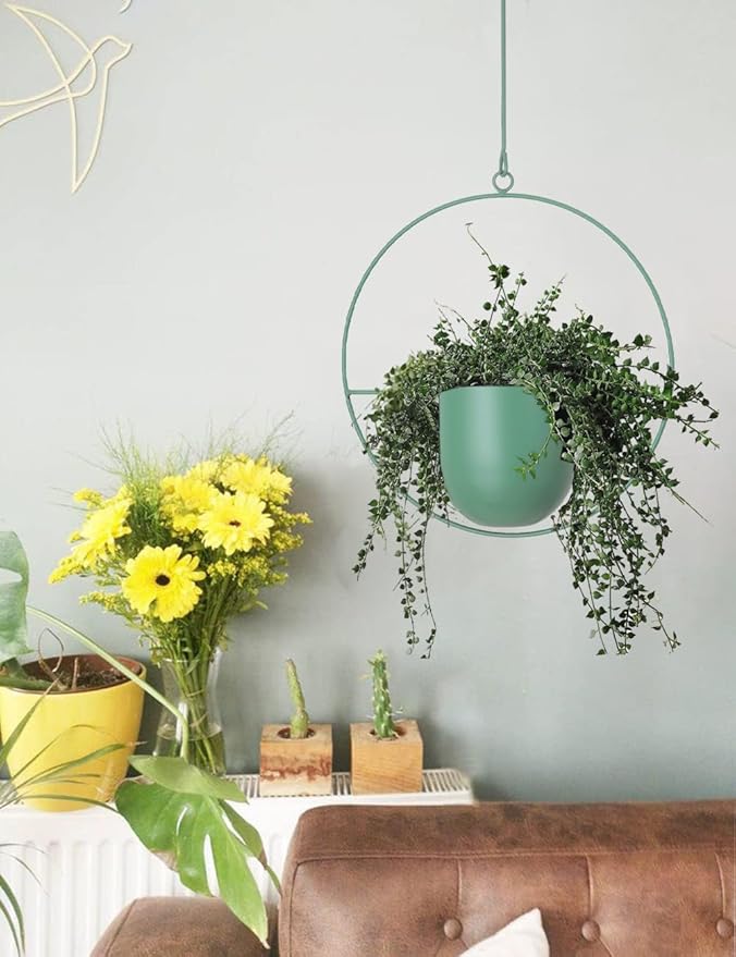 Hanging Planters 2 Pack Boho Mid Century Hanging Plants Hangers Metal Wall Ceiling Flower Pot Indoor Outdoor Vine Holder Room and Window Decor(Green)