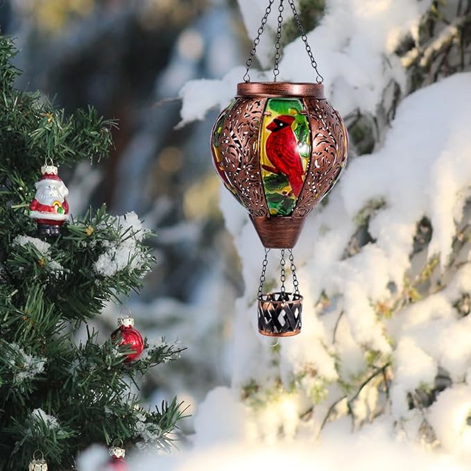 Starsoul Cardinal Hot Air Balloon Solar Lantern with Flame Candle, Hanging Hot Air Balloon Outdoor Solar Lanetrns Waterproof for Garden Patio Yard, Mother's Day Xmas Christmas Woman Gifts