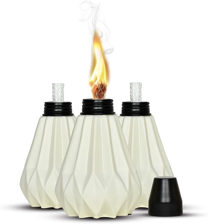 Deco Window Pack of 3 Table Torch for Indoor Outdoor Citronella Oil Tabletop Ceramic Lamp Landscape White Lantern with Fiberglass Wick & Cap for Garden Patio Yard Party Decor Light