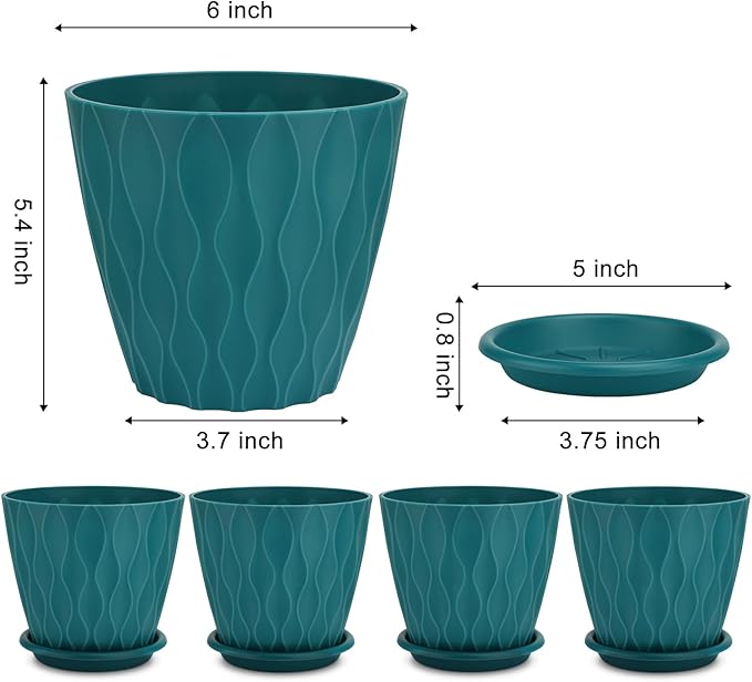 6 inch Plant Pots, 5 Pack Flower Pots Outdoor Indoor, Planters with Drainage Hole and Tray Saucer(Blue
