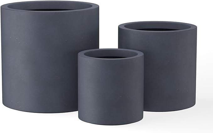 Kante 9.8",12.6",15.7" Dia Round Concrete Planter Set of 3, Modern Style Large Cylindrical Plant Pot with Drainage Hole and Rubber Plug for Indoor Outdoor Patio, Charcoal