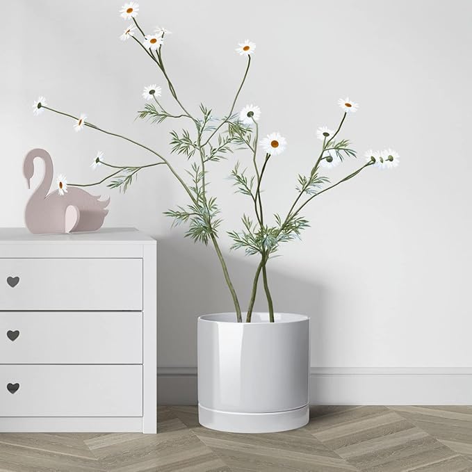 Aveyas 10 inch Ceramic Planter Pot with Drainage Hole and Saucer - Suitable for Indoor and Outdoor Use, Modern Planters for House Garden Flower Tree Snake Monstera Plants (10", Glossy White)