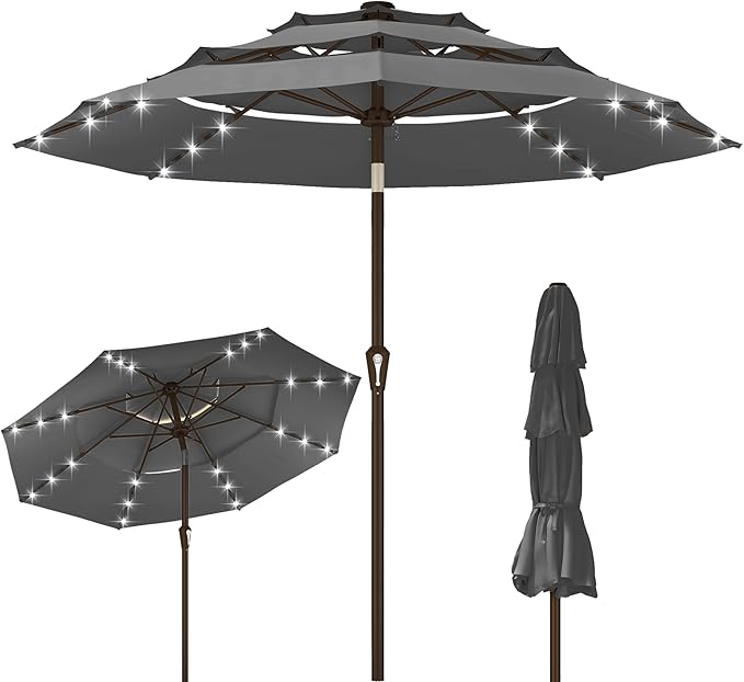 Kingdura 9ft 3-Tier Patio Umbrella with Solar Lights, Table Umbrella Outdoor Patio with Easy Crank & Tilt, 8 Sturdy Ribs, UV Protection, 32 LED Lights for Deck, Poolside, Market (Grey)
