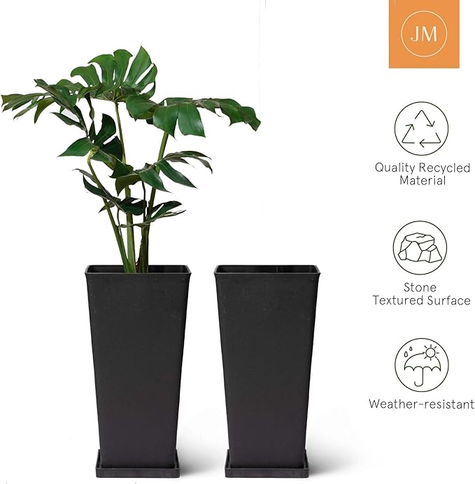 LA JOLIE MUSE 26 inch Tall Black Planters for Outdoor Plants,Set of 2 Tapered Planters with Trays,V-Shape Rectangular Garden Planters for Front Door, Patio and Deck