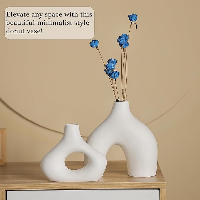 CEMABT White Ceramic Vase Set of 2 for Modern Minimalist Bohemian Decor，Round Matte Donut Vases for Pampas Grass-Perfect for Living Room, Dining Table, Office Bedroom Shelf Decor Entryway, Console