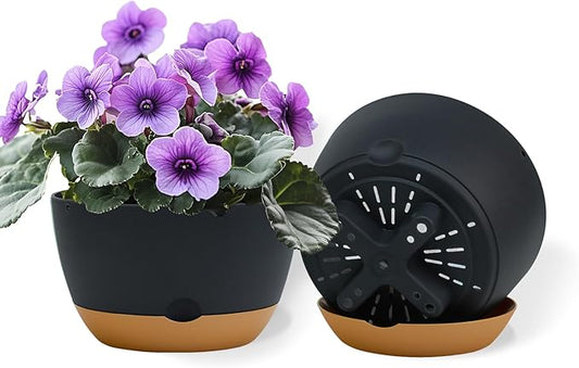 8 Inch Pots for Indoor Plants, Self Watering Planters with Drainage and Saucers, Plastic Outdoor Flower Pot, Set of 2, Grey