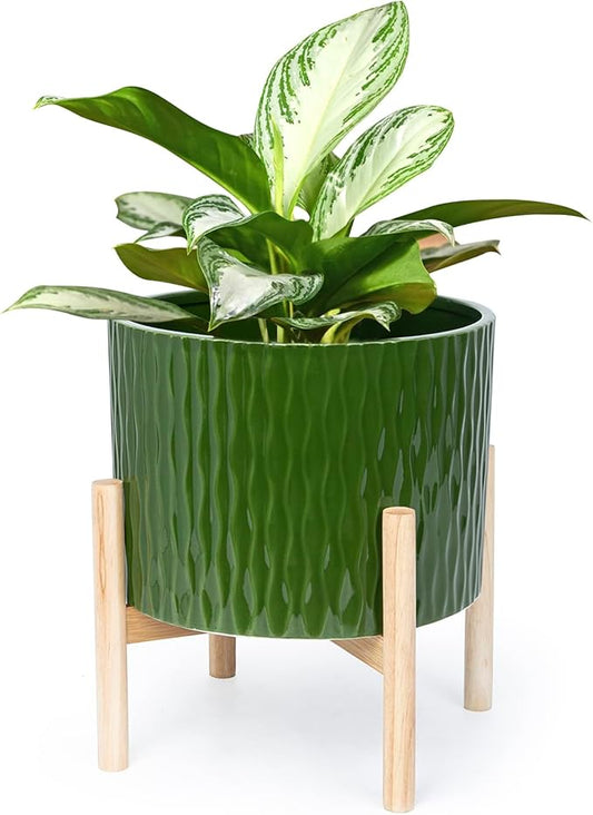 LaDoVita Ceramic Plant Pot with Stand, 10 Inch Planter with Wood Shelf, Modern Round Flower Pots Indoor with Wood Planter Holder, Dark Green Water Ripple Pattern