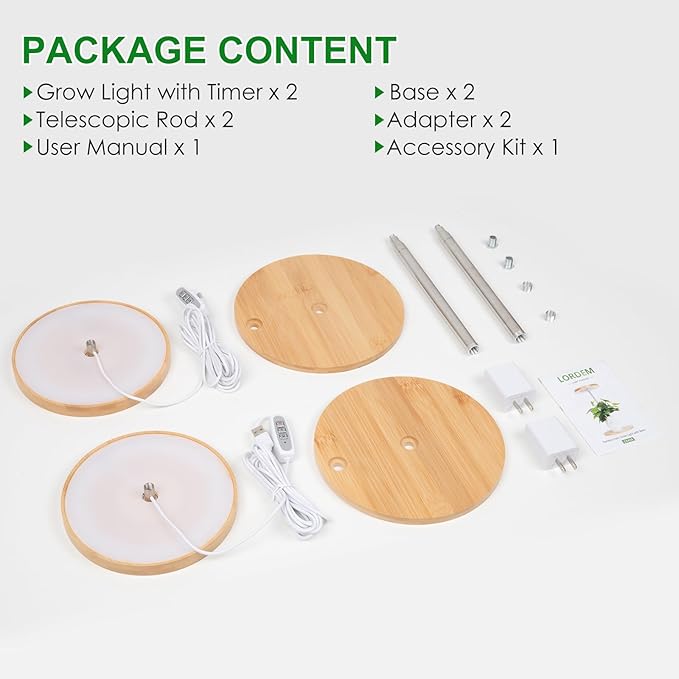 LORDEM Bamboo Grow Light, LED Plant Light for Indoor Plants Growing, Full Spectrum Bamboo Desk Growth Lamp with Automatic Timer for 4H/8H/12H, 4 Dimmable Levels, Height Adjustable, Pack of 2