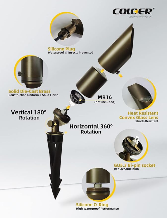 COLOER Die-cast Brass Landscape Spot Lights Outdoor, 12V AC/DC Low Voltage Landscape Spotlights, IP65 Waterproof Outdoor Lighting Fixture(103B, Bronze,1-Pack Without Bulb)