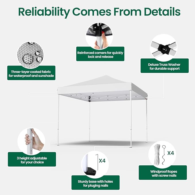 10x10ft Pop Up Canopy Tent,Heavy Duty Waterproof Folding Tent for Camping Parties Events Parties,Outdoor Canopy,Portable Sun Shelter,3 Adjustable Height(White)