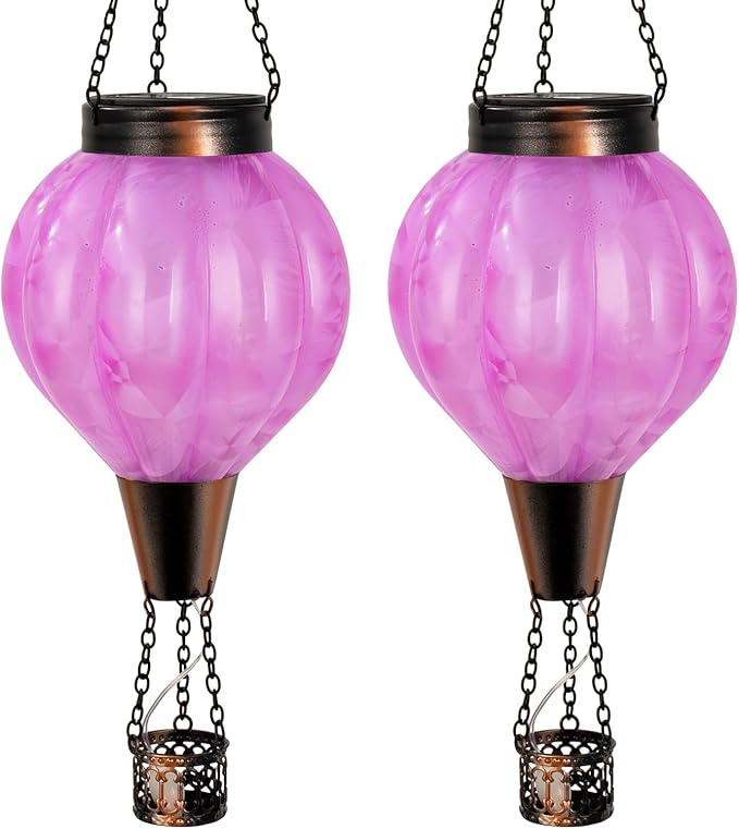 2PC Hot Air Balloon Solar Lantern with Flame, Pink Glass Balloon Lantern Lights Outdoor Waterproof, Hanging Solar Lights for Outside Garden Yard Patio Tree Porch Gift for Women Lovers Mom