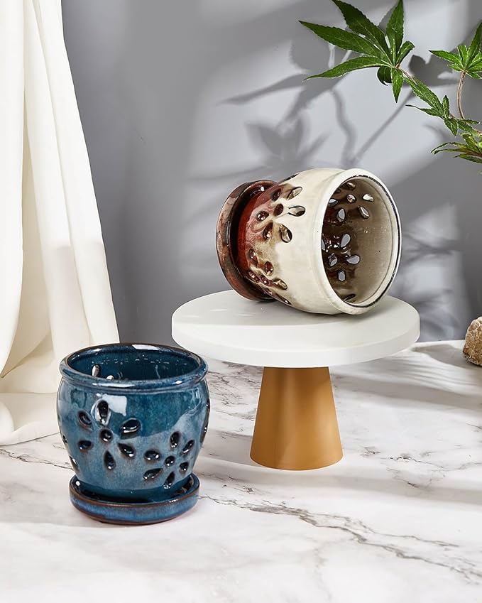 vensovo 4 Inch Ceramic Orchid Pots with Holes and Saucers - 2 Pcs Small Succulent Pot for Repotting, Garden Flowerpots for Plants Indoor and Outdoor Promotes Air Circulation (Blue, Brown Mixed)