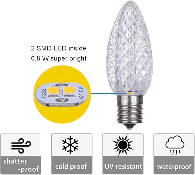 C9 Christmas Pathway Lights with Stakes,Cold White,30 Ft 20 Strawberry LED Bulbs,Connectable Shatterproof Outdoor Lights Marker for Xmas Yard Garden Path Lawn Walkway Sidewalk