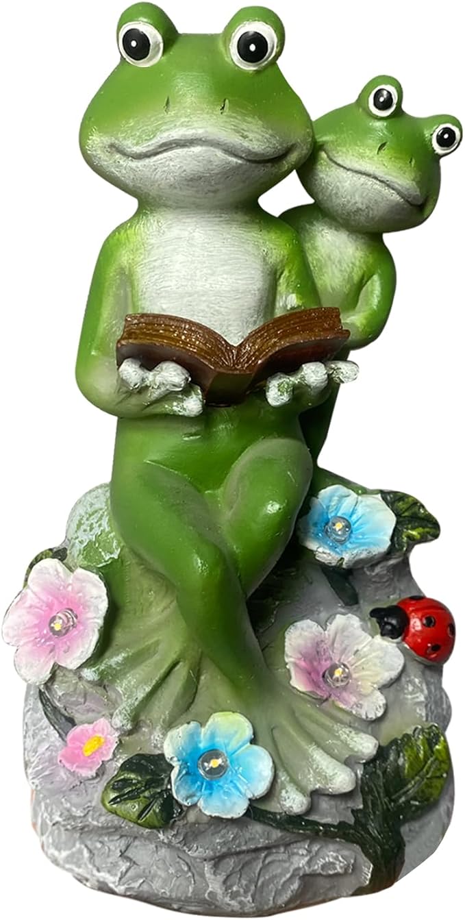 Frog Garden Statue,Frog Garden Decor,Solar Frog Statue Sitting on a Stone Reading a Book with 5 LEDs for Lawn Patio Yard Porch Decoration, Outdoor Garden Decor, yijiayi-008