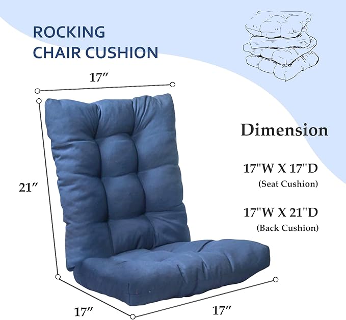 1 Pack Patio Chair Cushion, Rocking Chair Cushion with Ties Overstuffed Seat Back Cushion Pad for Outdoor Indoor Use, Blue