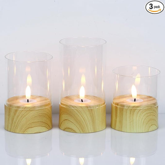 Battery Operated Candles with 6H Timer, 3 Pack Glass LED Flikcering Flameless Candles, Clear Pillar Candles with 3D Flame for Spring Wedding Home Bedroom Decor(Set of 3)