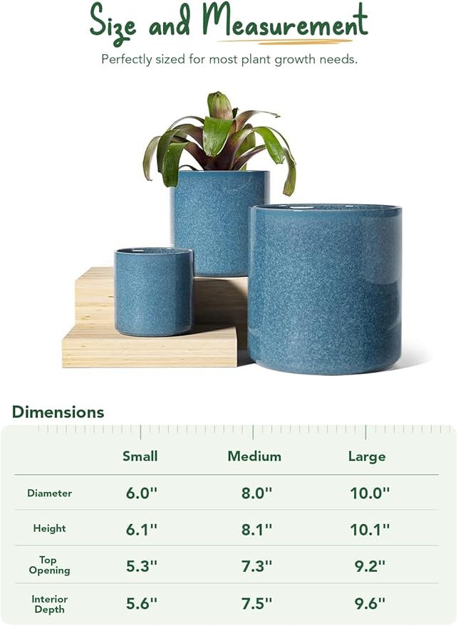 LE TAUCI Ceramic Plant Pots Indoor, 10+8+6 Inch Planters for Indoor Plants, Mid-Century Modern Flower Pots with Drainage Hole and Plug, Cylinder Round Planters, Set of 3, Reactive Glaze Blue