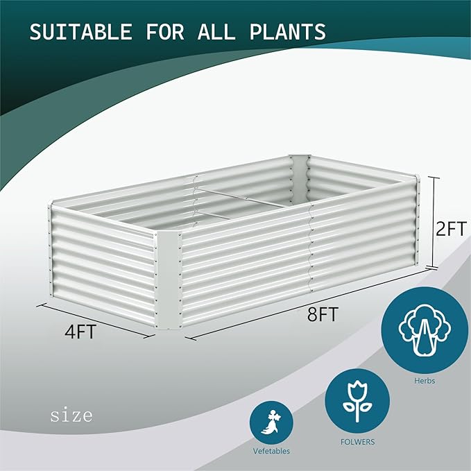 8x4x2ft Galvanized Raised Garden Bed Outdoor, Metal Garden Bed for Vegetables, Above Ground Garden Box for Flower, Steel Raised Beds for Gardening - White
