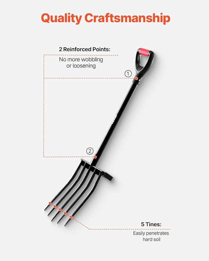 VEVOR Garden Fork, 5-Tine Gardening Pitchfork with Metal Handle, 41 in Heavy Duty Digging Fork with Y Grip, Forged Steel Spading Fork for Hay Potato Composting Transplanting Aeration