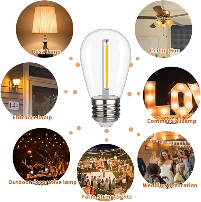 S14 Replacement LED Light Bulbs, Shatterproof & Waterproof 1W S14 LED Bulbs, Outdoor String Lights , E26 Base Patio Edison LED Light Bulbs, Warm White 2200K Plastic 70ML Non-Dimmable 25 Pack