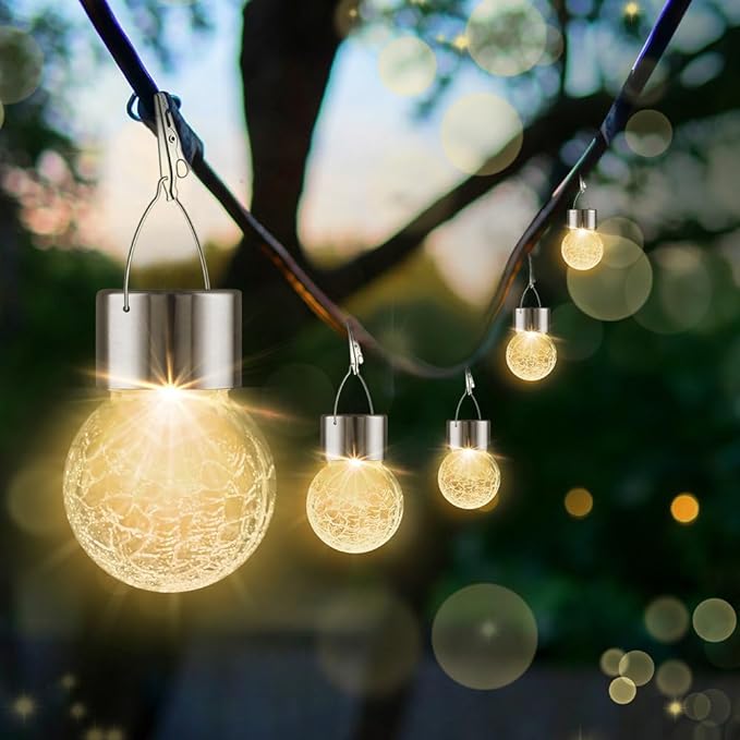 Solar Lights Outdoor Hanging Decorative Globe 24 Pack, Waterproof Solar Lantern with Handle and Clip, Solar Powered Glass Ball Lights for Garden Yard Fence Tree Umbrella Holiday Décor, Warm White
