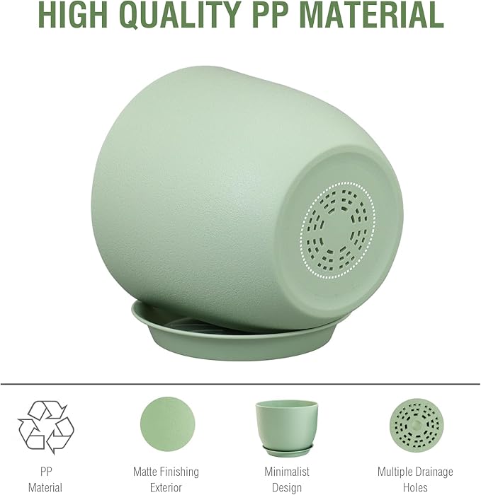 12 inch Big Plant Pots, Plastic Planters with Drainage Holes and Trays, Flower Pots for Indoor Outdoor Plants, Modern Decorative Pots for Garden House Plants, Green