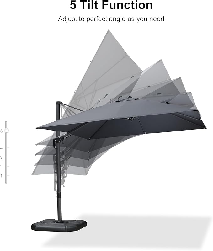 PURPLE LEAF 9.8' X 9.8' Tilting Patio Umbrella with Base Outdoor Cantilever Swivel Square Umbrella with Tilt Aluminum Offset Umbrella with 360-degree Rotation for Garden Deck Pool Patio Light Grey