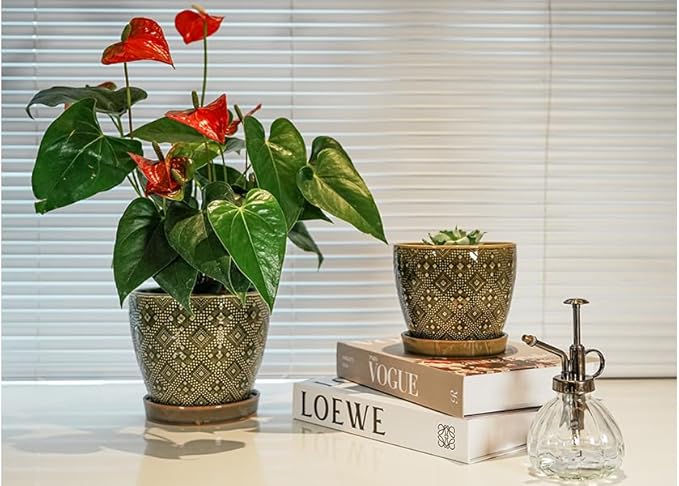 Docrin Ceramic Plant Pots Indoor: 6.6 + 5.5 Inch Planters with Drainage Holes and Saucer for Home/Office - Set of 2 /Dark Green